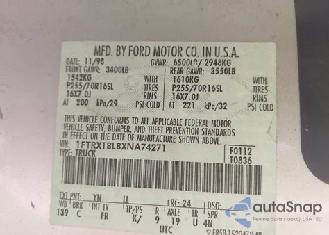 1999 Ford F-150 Lariat/Xl/Xlt z USA, uszkodzony, nr VIN 1FTRX18L8XNA74271